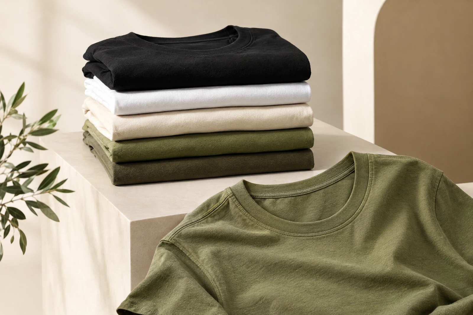 Stos bawełnianych T-shirtów w bieli, czerni i oliwkowej zieleni.
