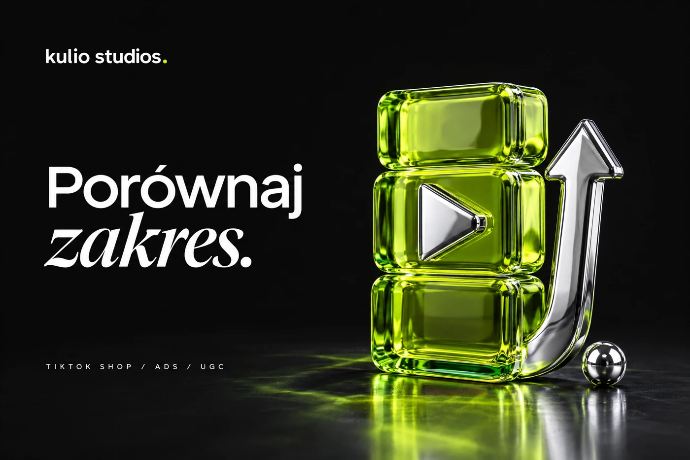 Porównaj zakres. Okładka Kulio Studios z limonkowym szkłem, symbolem wideo i chromowaną strzałką.